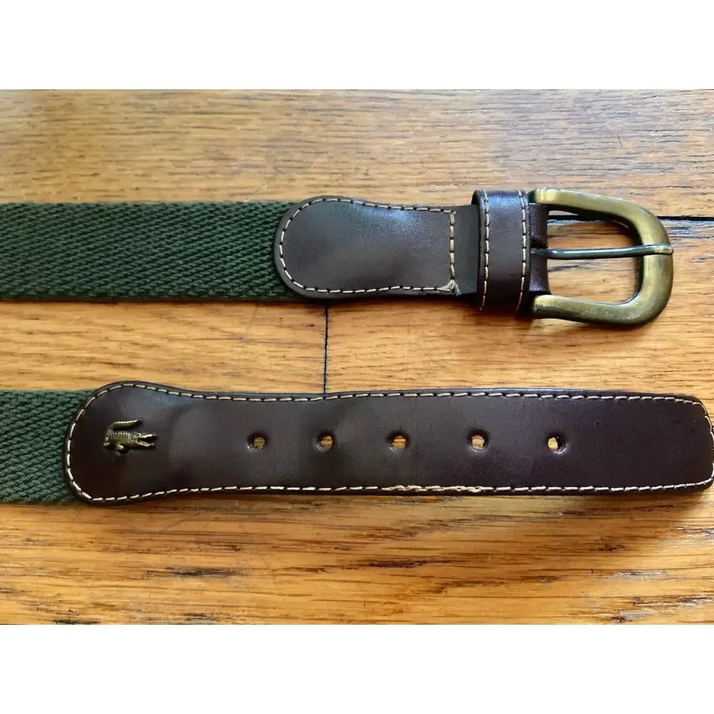 Vintage LACOSTE Green Woven Fabric Belt w/Leather Trim sz XS/S